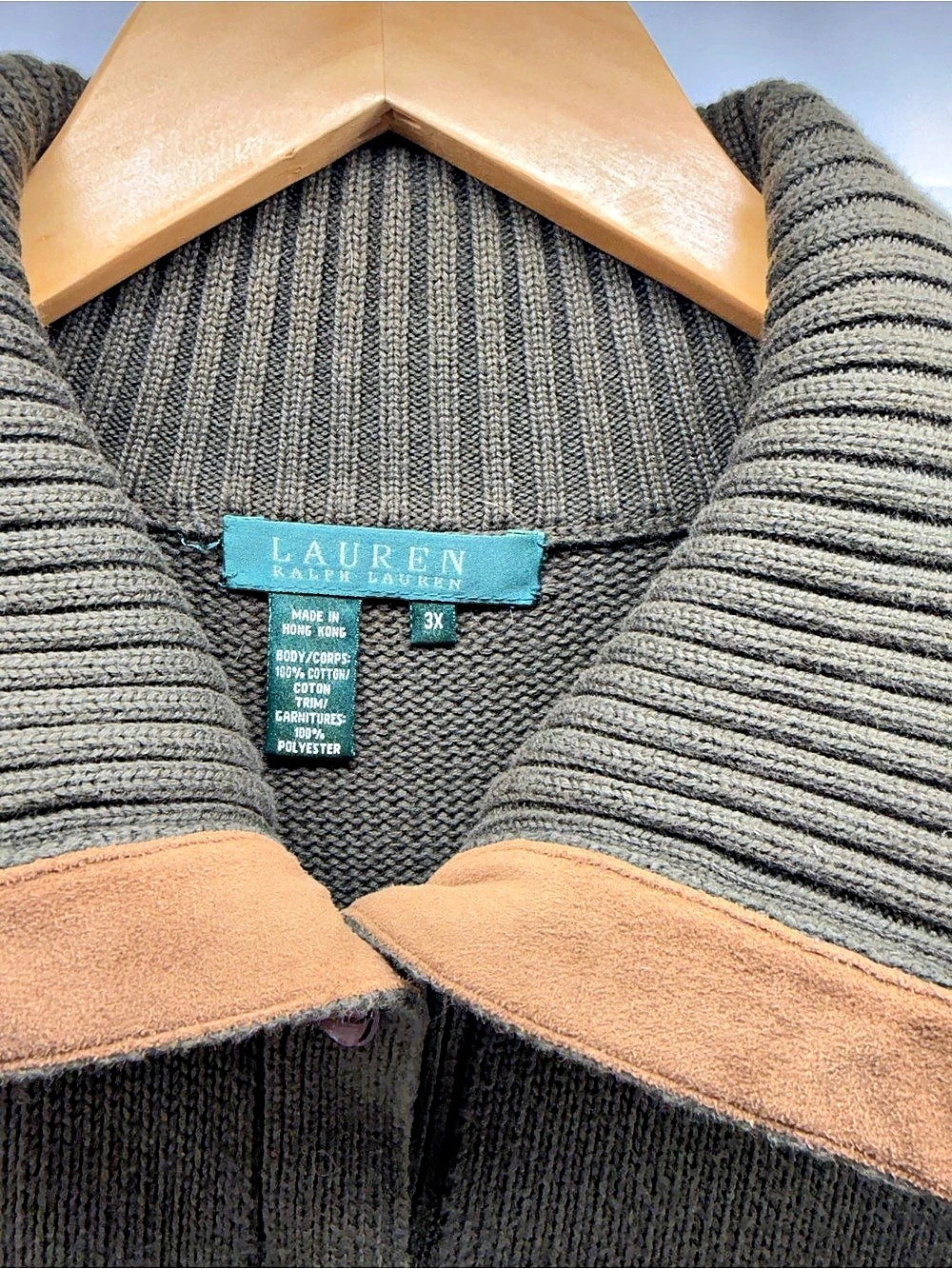 Lauren Ralph Lauren Cardigan Sweater Womens 3X Olive Green Suede Elbow Patch Kni - Picture 3 of 9